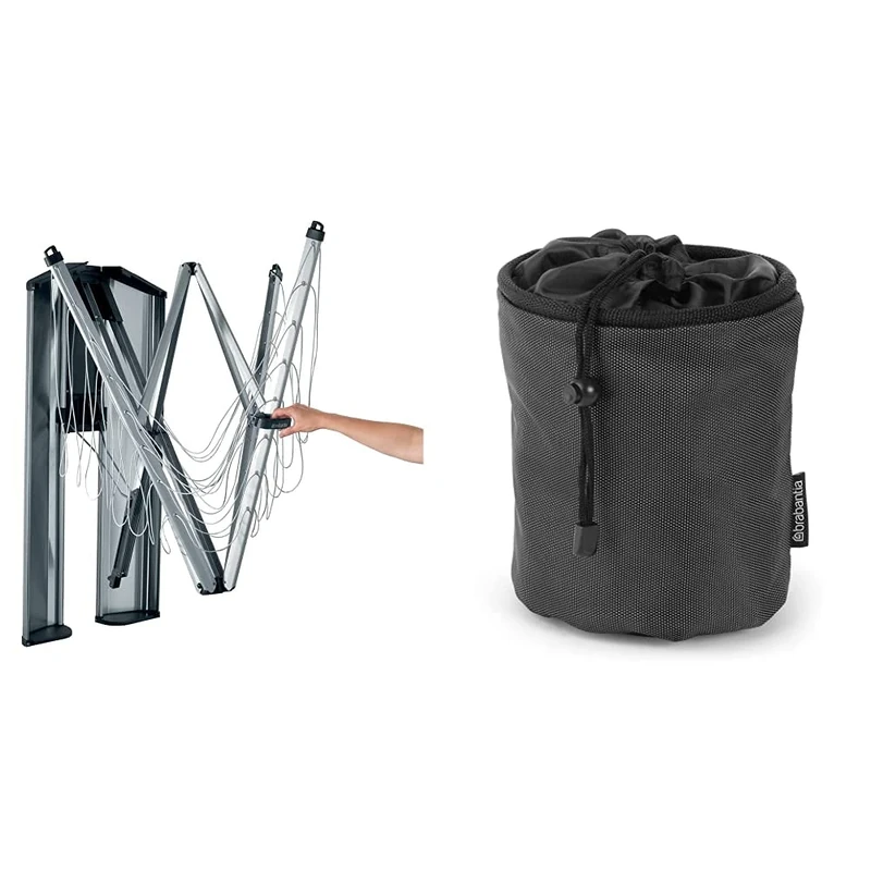 Brabantia - WallFix - 24 Metres of Clothes Line - UV-Resistant & Non-Slip Lining Metallic Grey - 184 x 182 cm & Premium Peg Bag - with Closing Cord - Storage for up to 150 Pegs Black 28 x 18 x 17.5 cm