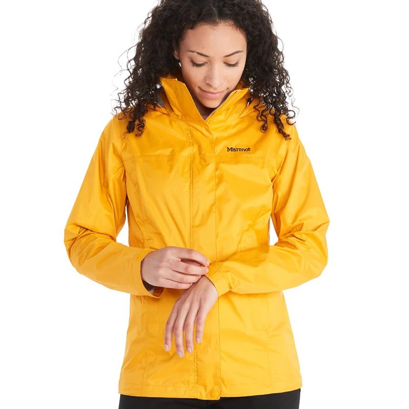 Marmot Women Wm's PreCip Eco Jacket, Waterproof Jacket, Lightweight Hooded Rain Jacket, Windproof Raincoat, Breathable Windbreaker, Ideal for Running and Hiking, Solar, S