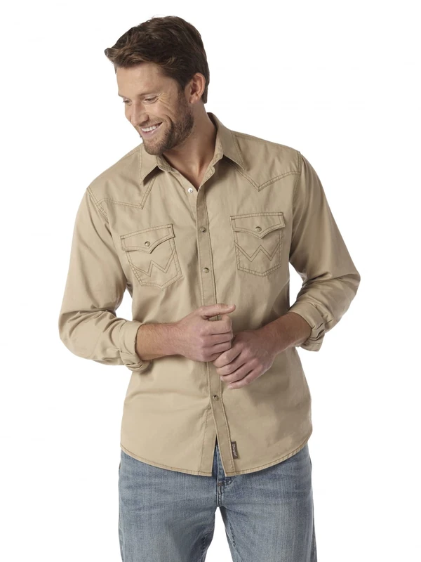 Wrangler Men's Retro Two Pocket Long Sleeve Snap Shirt Button, Solid Tan, XL Tall