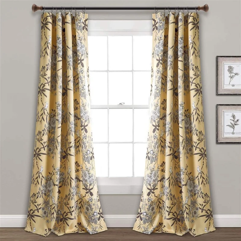 Lush Decor Botanical Garden Curtains Floral Bird Print Light Filtering Window Panel Drapes Set for Living, Dining, Bedroom (Pair), Yellow, 52" W x 84L
