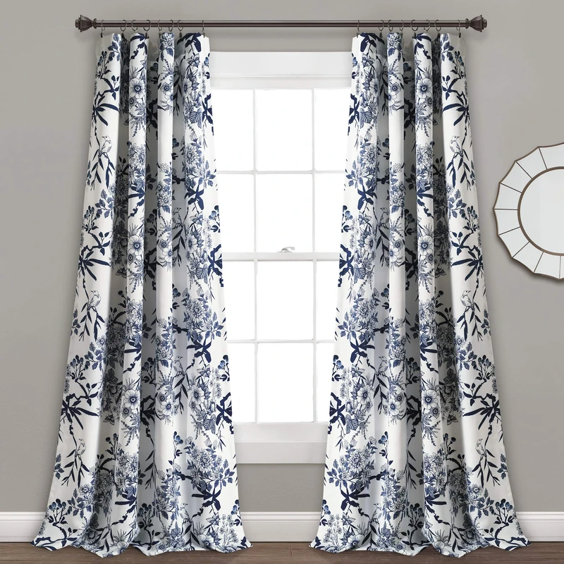 Lush Decor, Navy Botanical Garden Curtains Floral Bird Print Room Darkening Window Panel Drapes Set for Living, Dining, Bedroom (Pair), 95" x 52", 95 in x 52