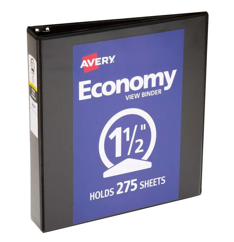 Avery 1.5 inch Economy View 3 Ring Binder, Round Ring, Holds 8.5" x 11" Paper, 12 Black Binders (05725)