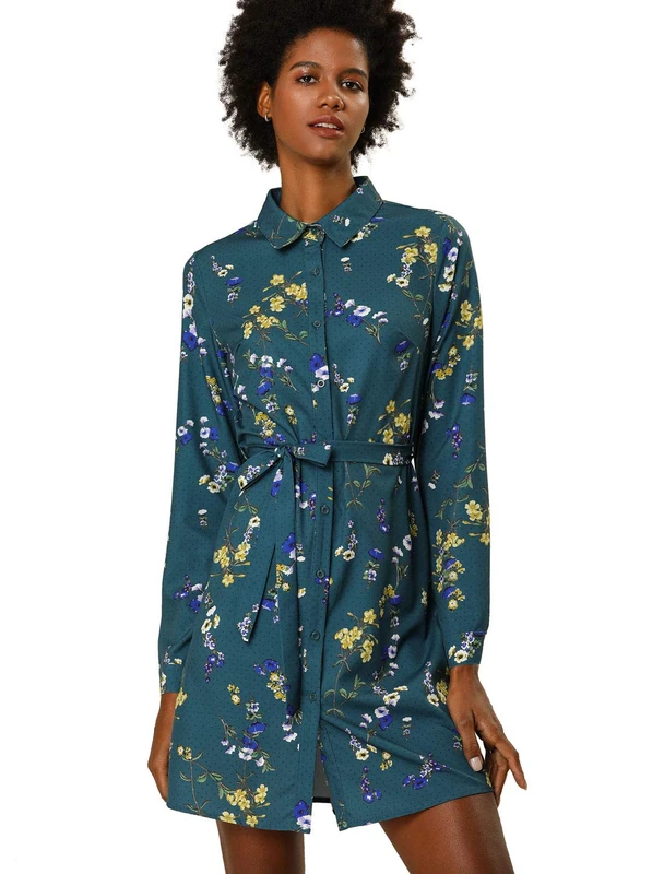 Allegra K Women's Floral Button Down Vintage Polka Dots Dresses Collar Tie Belted Shirt Dress Teal Blue L