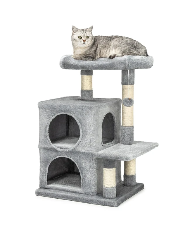 lionto Scratching tree for cats with 2 caves & cozy lying area, height 80 cm, cat tree with plush ball incl. bell, with sisal rope & plush, suitable for small & large cats, light grey