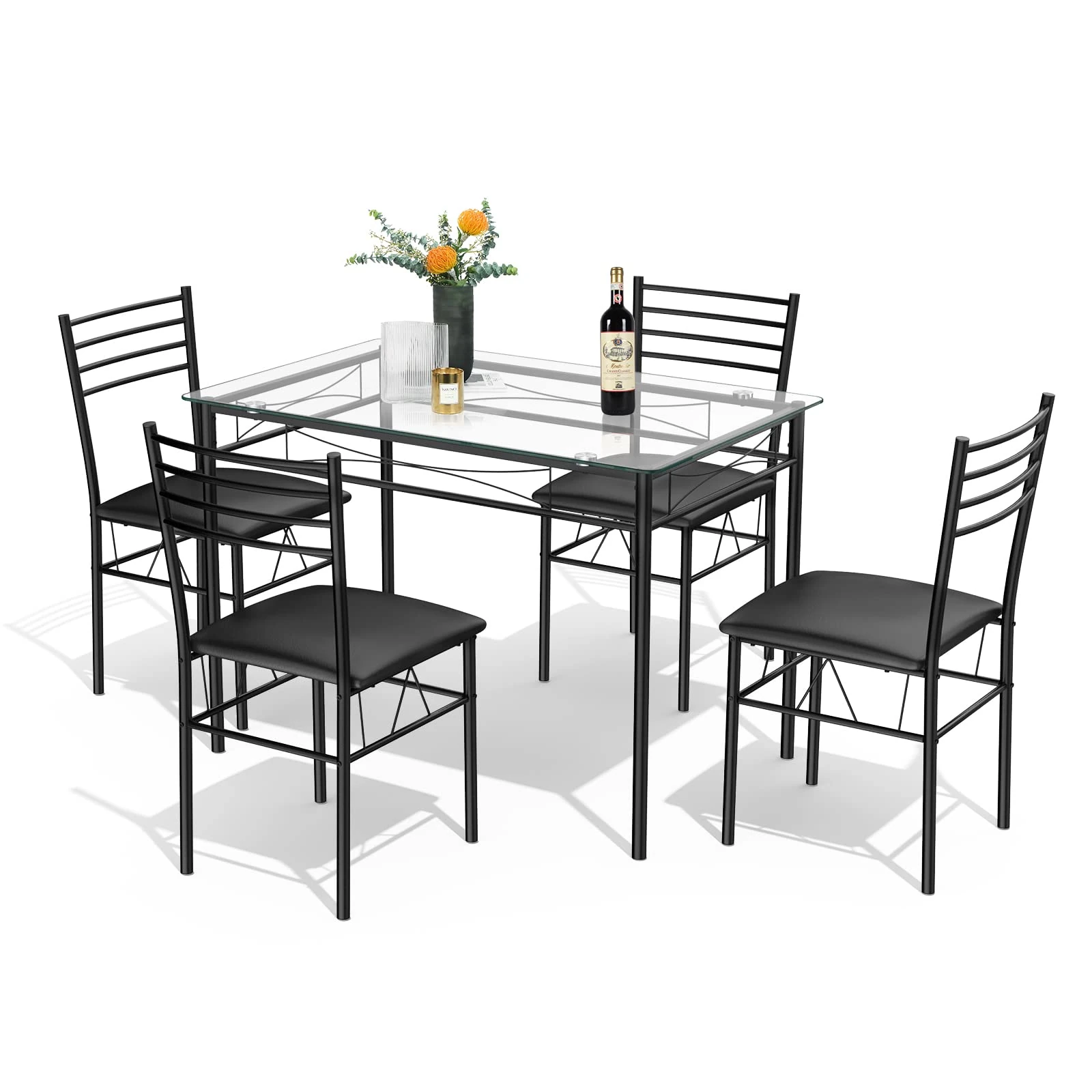 Tangkula Dining Table Set 5 Pieces Home Kitchen Dining Room Tempered Glass Top Table and Chairs Breaksfast Furniture Dinning Table with Chairs, Black