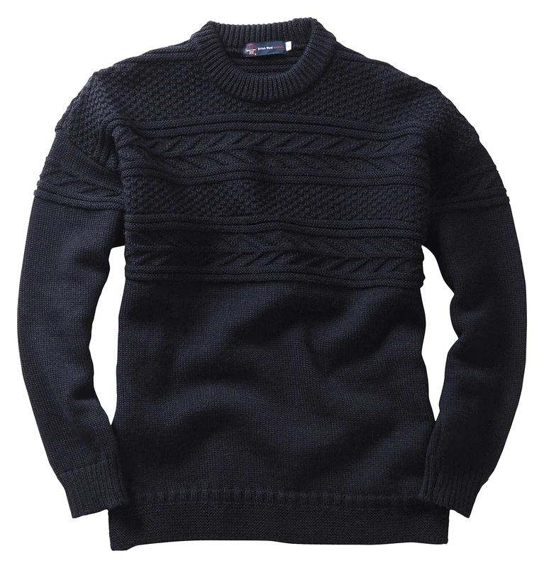 Crew Neck Guernsey Sweater, Navy, M