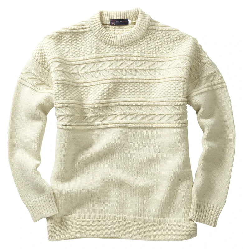 Crew Neck Guernsey Sweater, Ecru, XXL