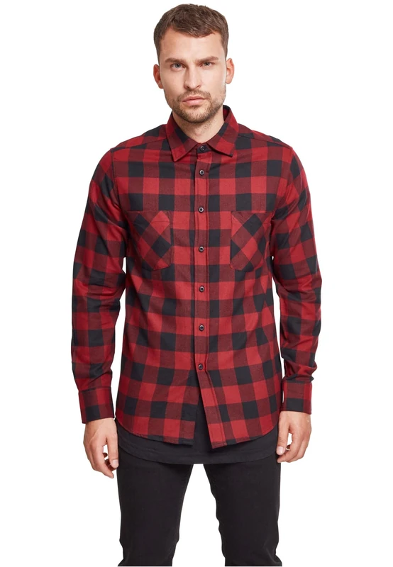 Urban Classics Men's Checked Flannel Shirt Casual Button-Down Shirt, Longsleeve Dress Shirt with Forearm Buttons, Regular Fit, 100% Flannel Yarn blk/burgundy 5XL