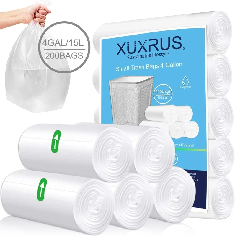 XUXRUS Small Bin Liners 15 Liter Bin Bags Clear Plastic Garbage Bags 200 Counts Wastebasket Pedal Bin Liners for Bathroom Bedroom Office,Fit 15-20 Liter, 2.6,3,4, Gal