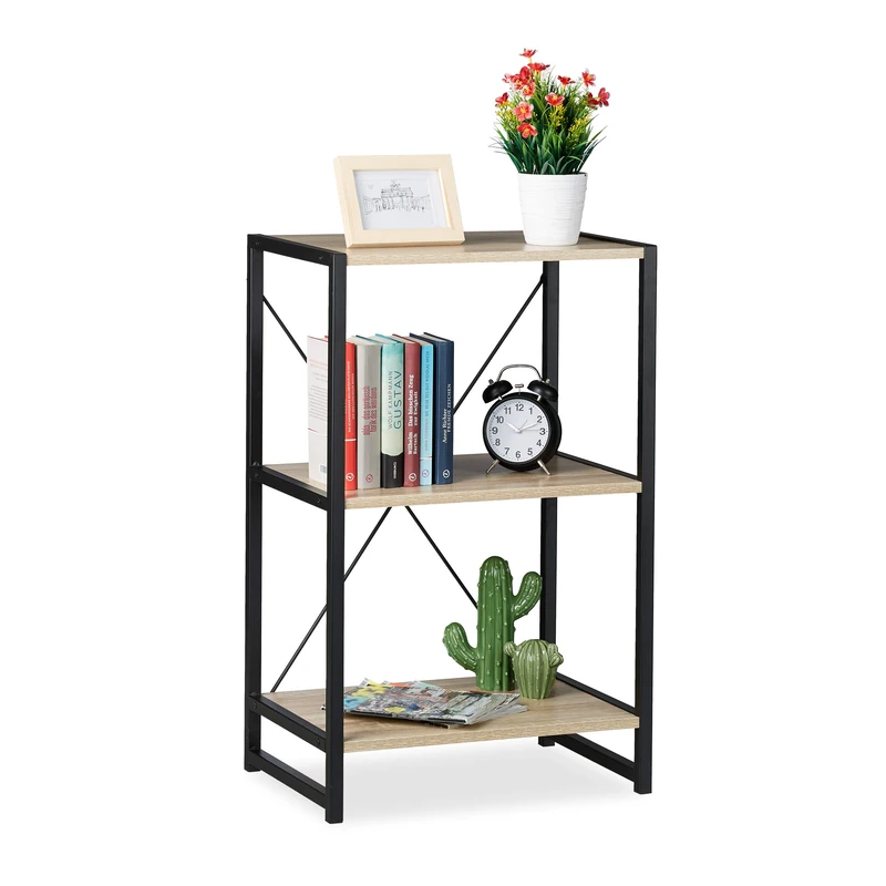 Relaxdays Shelving Unit, Industrial Storage Design, Bookcase With 3 Shelves, HWD: 80x50x35 cm, PB/Metal, Brown/Black