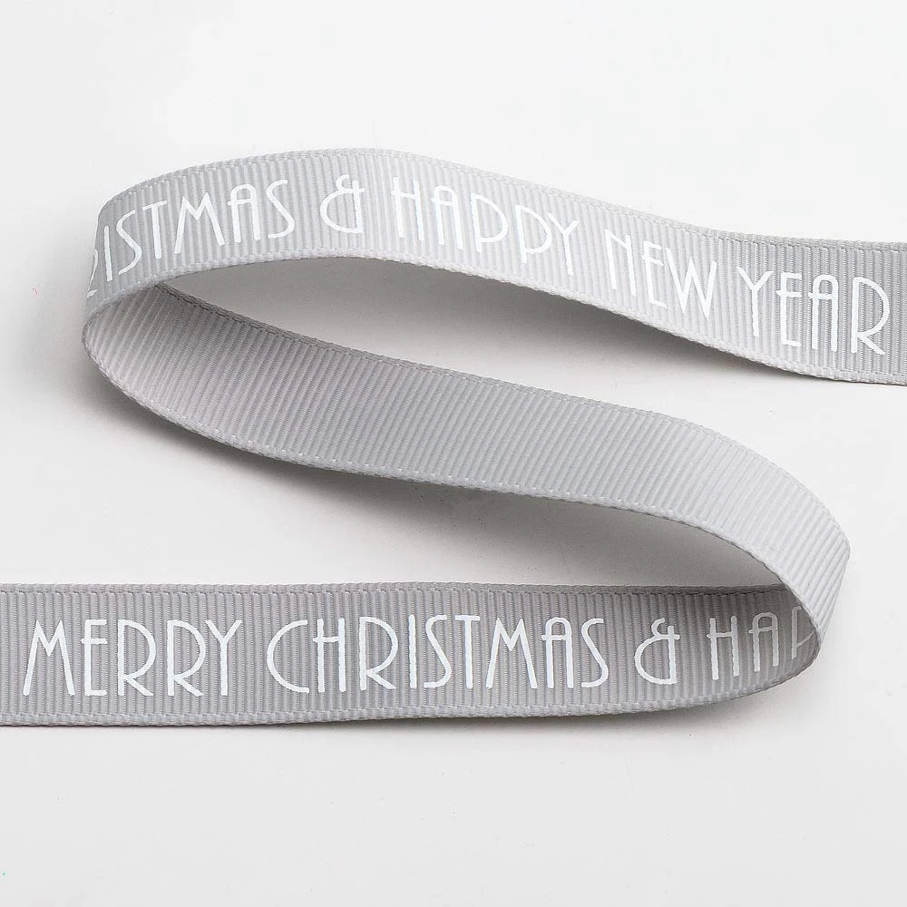 Merry Christmas Happy New Year Grosgrain Ribbon 16mm x 5M - Silver