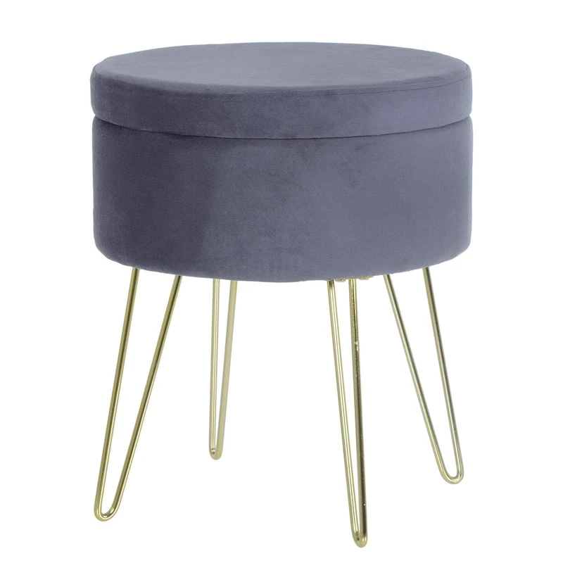 Hodge and Hodge Aria Grey Fabric Storage Stool Chair with Footrest Velvet Home Dressing Table Accessory - Grey Footstool Metal Legs Furniture - Small Footstools