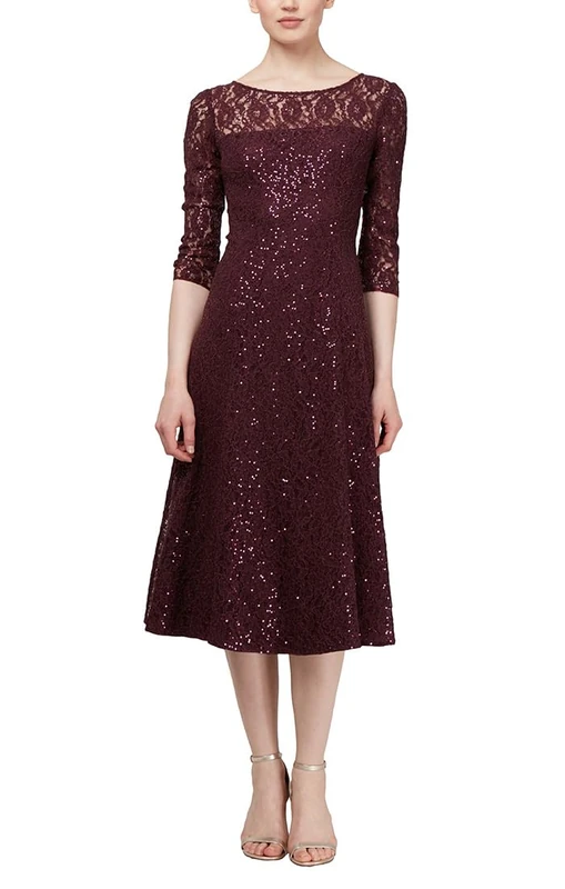 S.L. Fashions Women's Midi Length Sequin Fit and Flare Dress (Missy Petite) Special Occasion, Lace Fig, 12