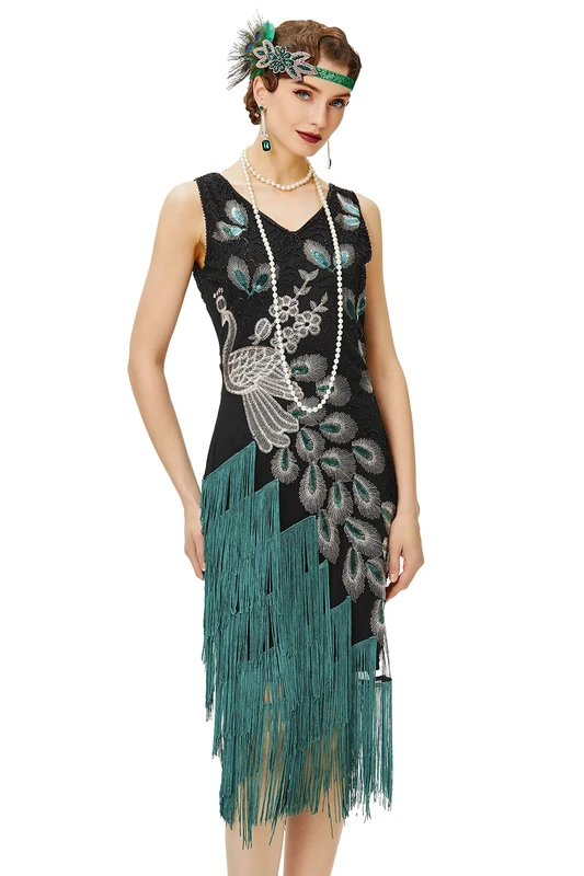 BABEYOND 1920s Vintage Peacock Sequined Dress Gatsby Fringed Flapper Dress Roaring 20s Party Dress, Black with Green Fringe, XX-Large