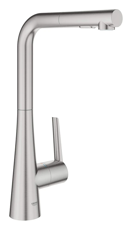GROHE Zedra Kitchen Tap Single-Lever Sink Mixer, High L-Spout with Pull-Out Comfort Shower Head and 2 Spray Options, 360° Swivel Range, Stainless Steel Look 32553DC2