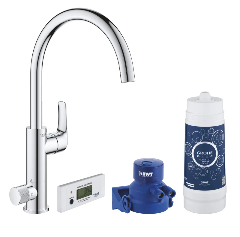 GROHE Blue Pure Eurosmart Duo Starter Kit: C-spout Filter Tap - Separate Handle for Filtered Water - 28 mm Ceramic Cartridge - Activated Carbon Filter - Filter Exchange Timer - Chrome - 30383000