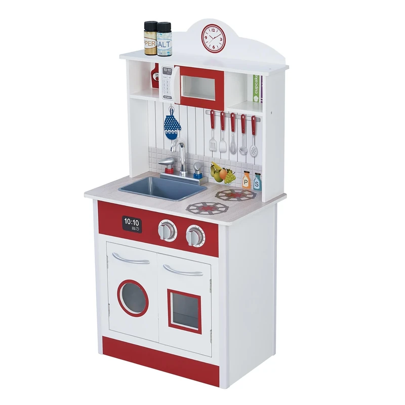 Teamson Kids Little Chef Madrid Classic Interactive Wooden Play Kitchen with Sink, Oven and Microwave and Storage Space for Easy Clean Up, White with Red Accents