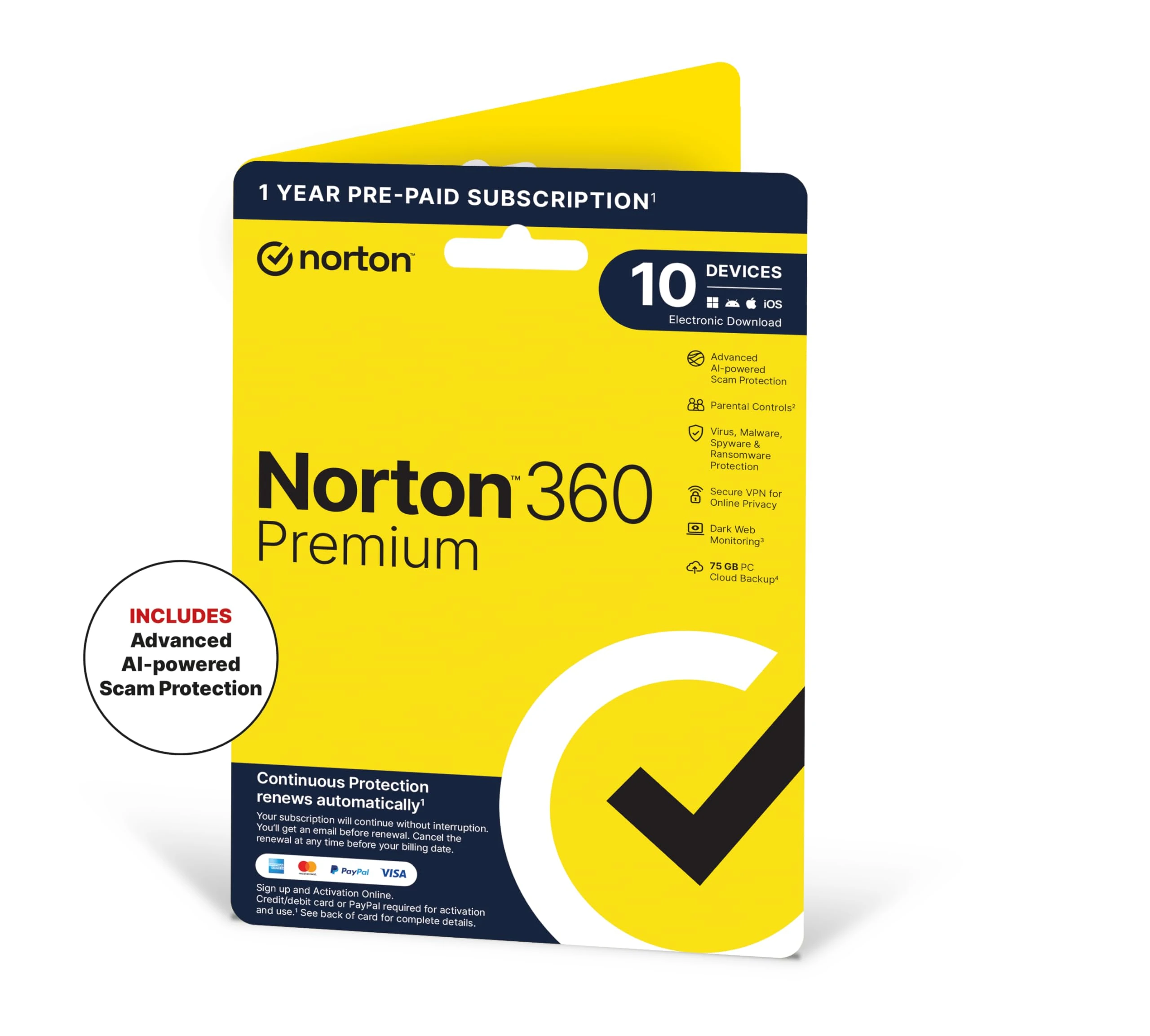 Norton 360 Premium 2025, Antivirus software for 10 Devices and 1-year subscription with automatic renewal, Includes Secure VPN and Password Manager, PC/Mac/iOS/Android, Activation Code by Post
