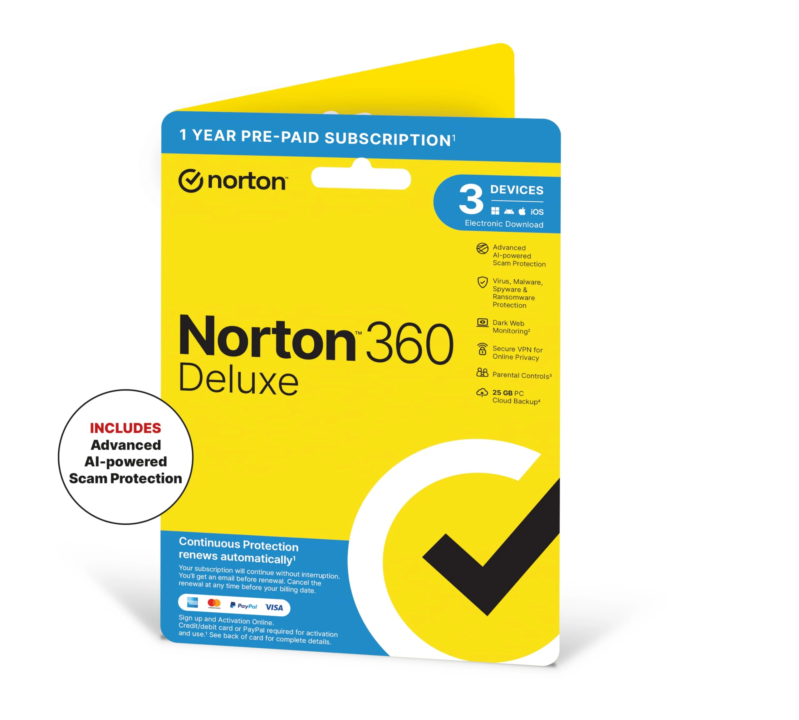 Norton 360 Deluxe 2025, Antivirus software for 3 Devices and 1-year subscription with automatic renewal, Includes Secure VPN and Password Manager, PC/Mac/iOS/Android, Activation Code by Post