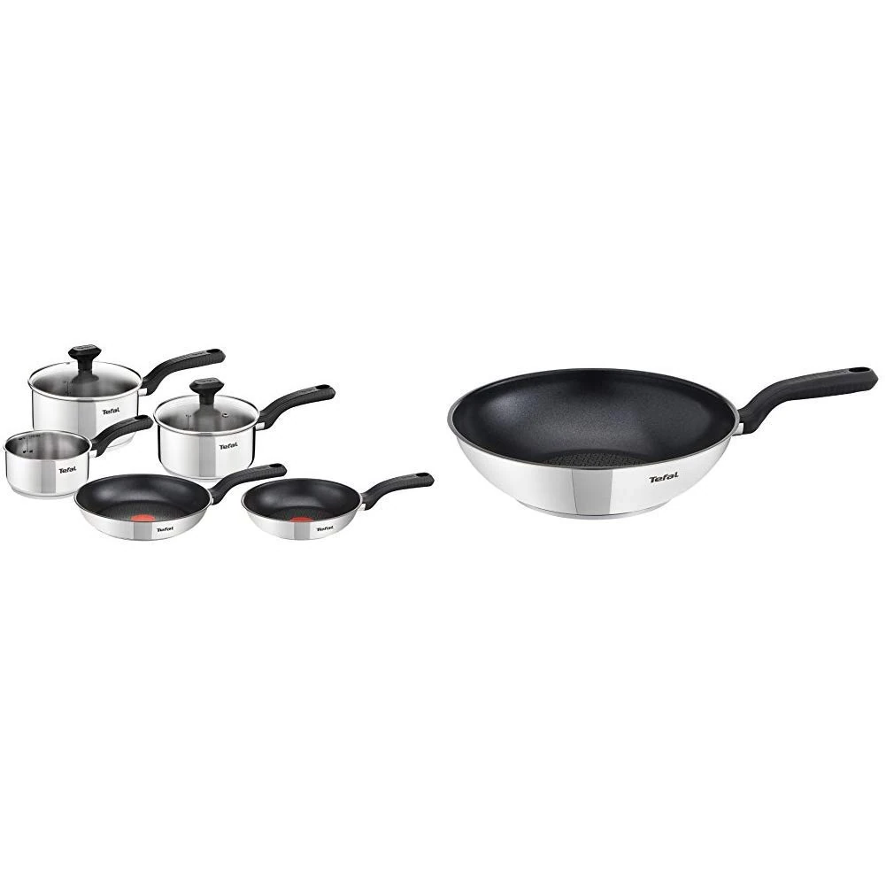 Tefal 5 Piece, Comfort Max, Stainless Steel, Pots and Pans, Induction Set & Comfort Max Stainless Steel Non-stick Wok, 28 cm - Silver