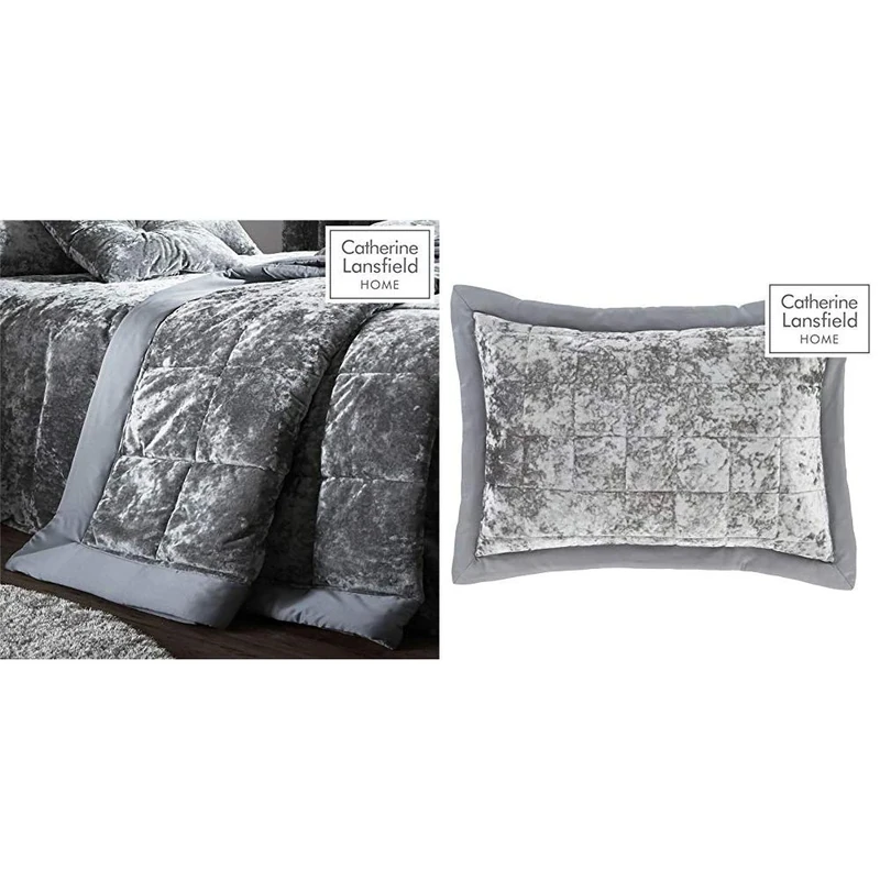 Catherine Lansfield Crushed Velvet Bedspread Silver, 220x220cm & Lansfield Crushed Velvet Pillowsham Pair Silver