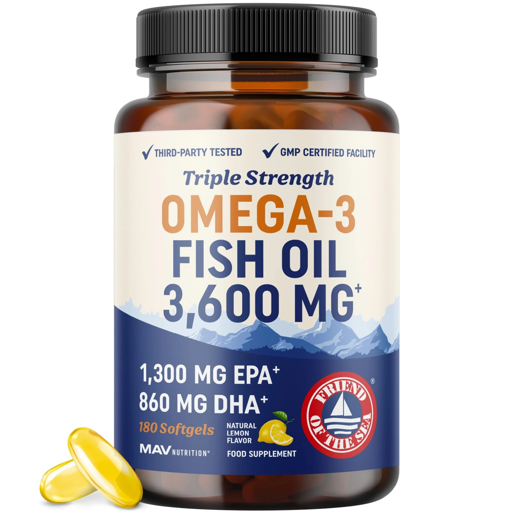 Omega-3 Fish Oil Supplement 3600 mg | EPA & DHA | Best Source of Omega 3 | Ultimate Brain, Joint, & Eye Health Support for Men & Women | Non GMO Burpless Lemon Softgel Capsules 2000mg Plus (180 Pills)