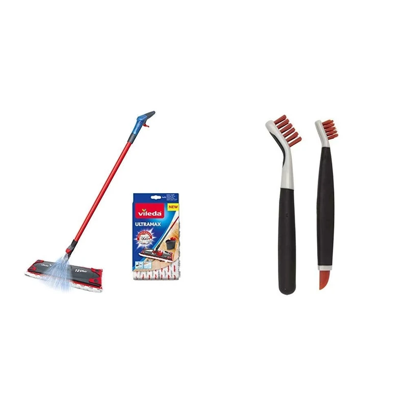 Vileda 1-2 Spray Microfibre Flat Spray Mop with Extra Microfibre Refill Pad, Red & OXO Good Grips Deep Clean Brush Set
