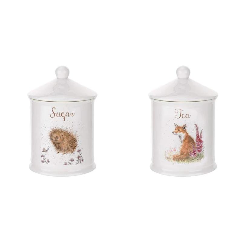 Wrendale by Royal Worcester Sugar Canister (Hedgehog), Bone China Multi-Colour, 10.5 x 10.5 x 15.5 cm & by Royal Worcester Tea Canister (Fox), Bone China Multi-Colour, 10.5 x 10.5 x 15.5 cm