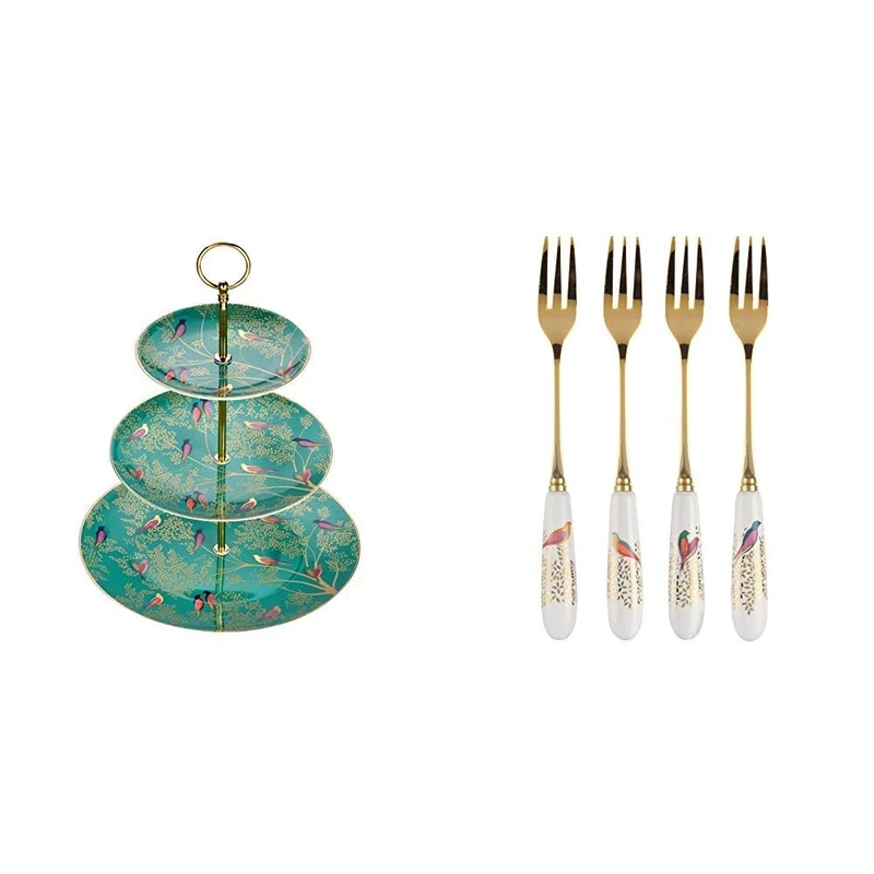 Sara Miller for Portmeirion Chelsea 3 Tier Cakestand-Green, Ceramic 280 x 280 x 60 cm & Miller for Portmeirion Chelsea Pastry Forks Set of 4, Ceramic Multi-Colour, 170 x 140 x 35 cm