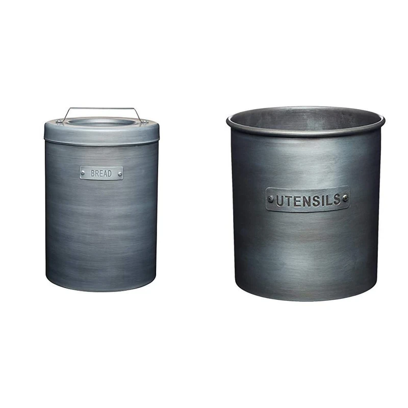 KitchenCraft Industrial Kitchen Vintage-Style Metal Bread Bin, 23 x 23 x 34.5 cm (9" x 9" x 13.5") - Grey & Industrial Kitchen Vintage-Style Metal Utensil Holder, 13.5 x 14.5 cm (5.5” x 5.5”)