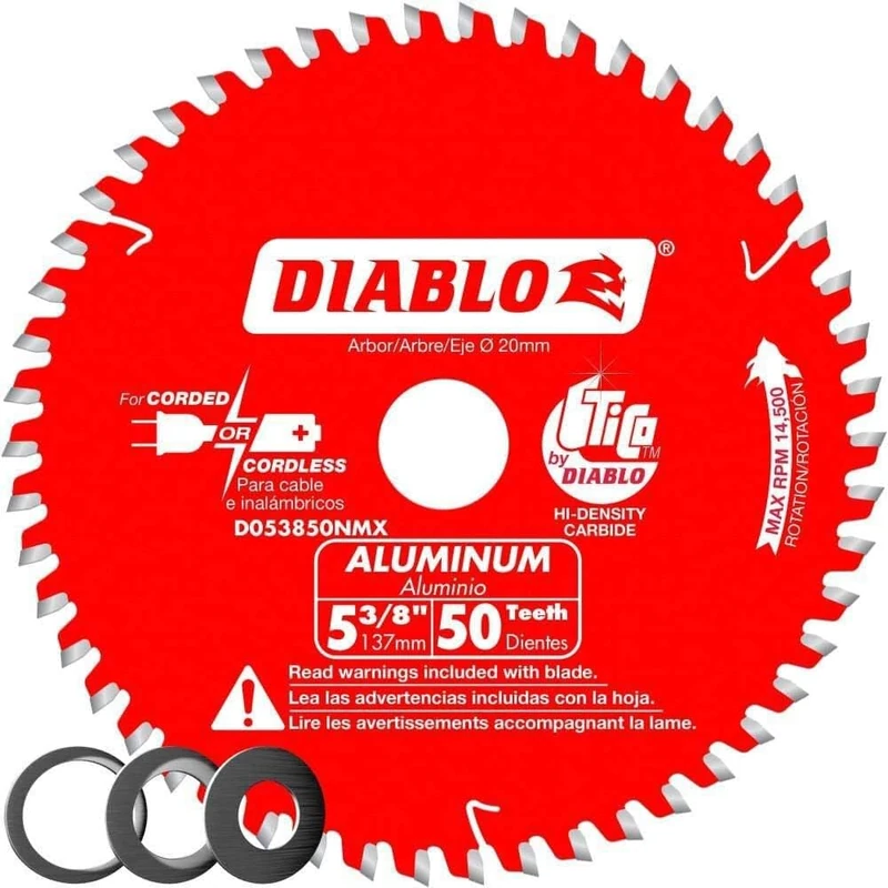 Diablo Saw Blade for Medium Aluminum - 5-3/8" Diameter, 50 TCG Teeth, 20mm Arbor, .061" Kerf, -5° Hook Angle, .039" Plate, 14500 Max RPM - D053850NMX