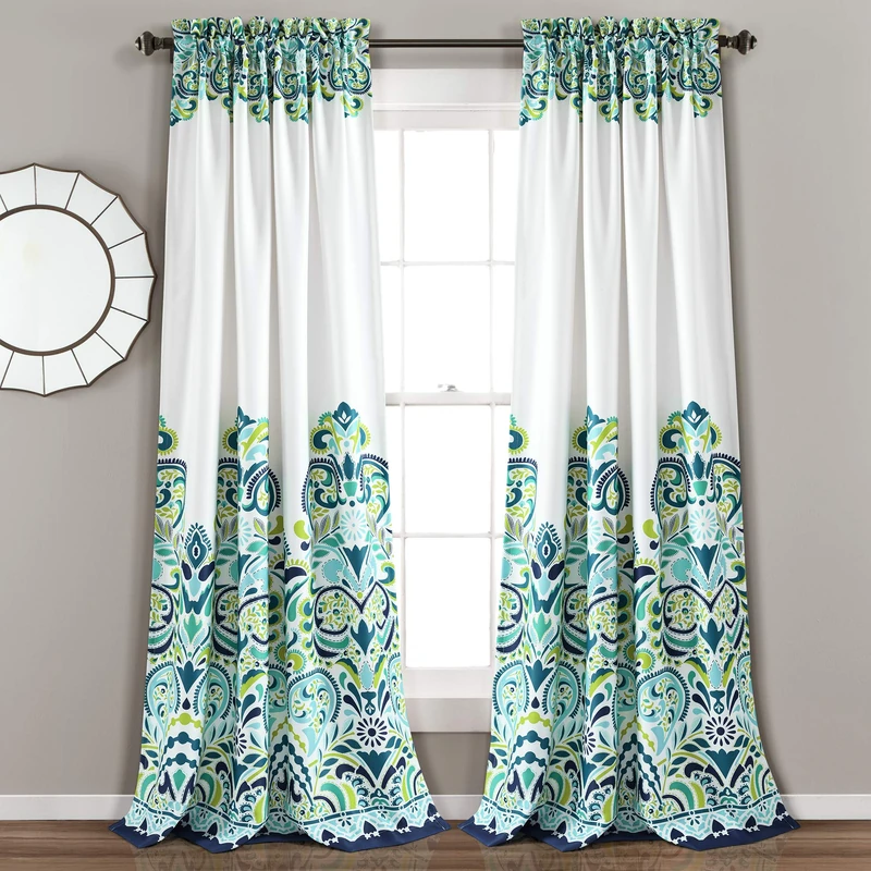 Lush Decor, Blue and Green Clara Curtains Paisley Damask Print Bohemian Style Room Darkening Window Panel Set for Living, Dining, Bedroom (Pair), 84” x 52 84" x 52"