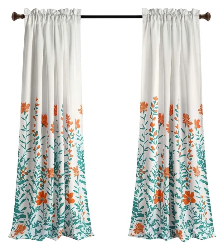 Lush Decor Aprile Light Filtering Window Curtain Panels, Pair, 52" W x 84" L, Orange & Turquoise - Floral Curtains - Pretty Orange Flower Print - Cottage, French Country & Farmhouse Window Decor