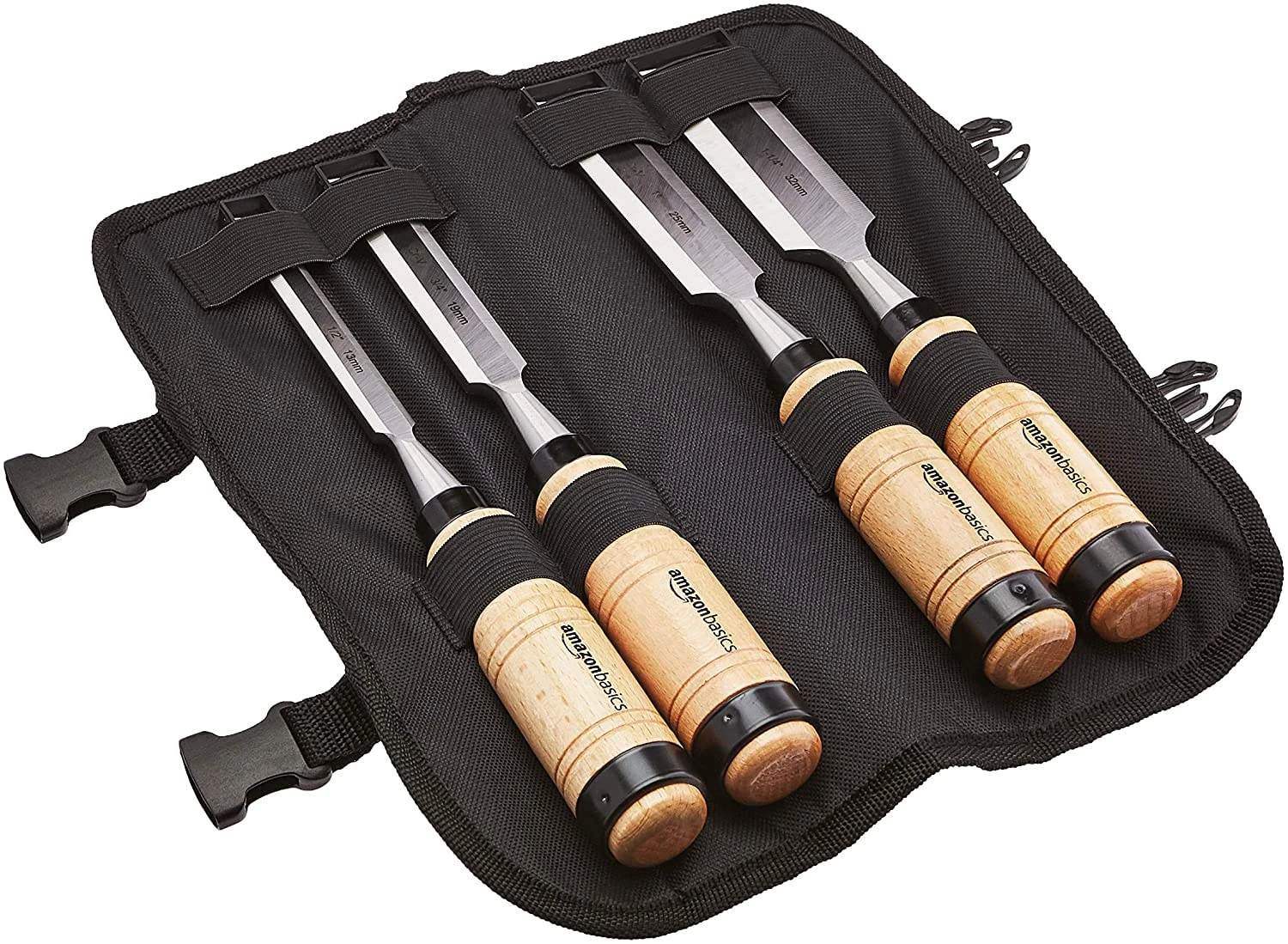 Amazon Basics - 4-Piece Sturdy Chrome Vanadium Steel Woodworking Wood Chisel Set – 1/2 inch (13mm) to 1-1/4 inch (32mm), Wooden Handles with Carry Pouch