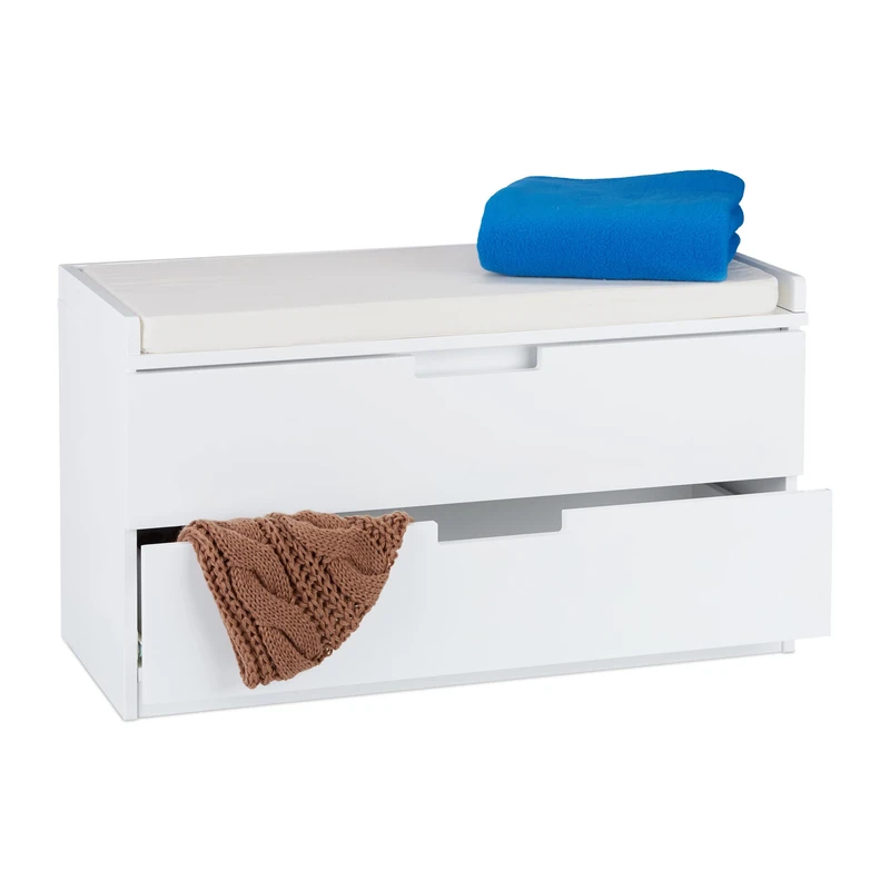 Relaxdays Storage Bench For Sitting, Cabinet With 2 Drawers, Country Look, Padded Seating, HWD 45 x 80 x 36 cm, White
