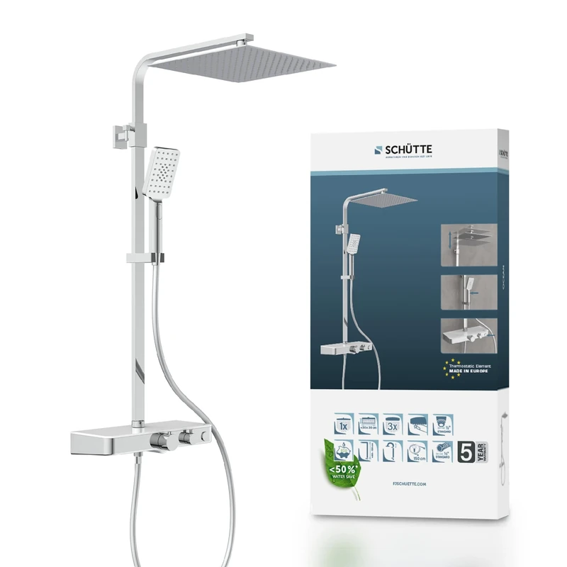SCHÜTTE Ocean 60530 Shower System with Thermostat and Glass Shelf Shower Set with 30 x 30 cm, Rain Shower with Wall Bracket and Shower Head Shower Panel Shower Column in Chrome/White