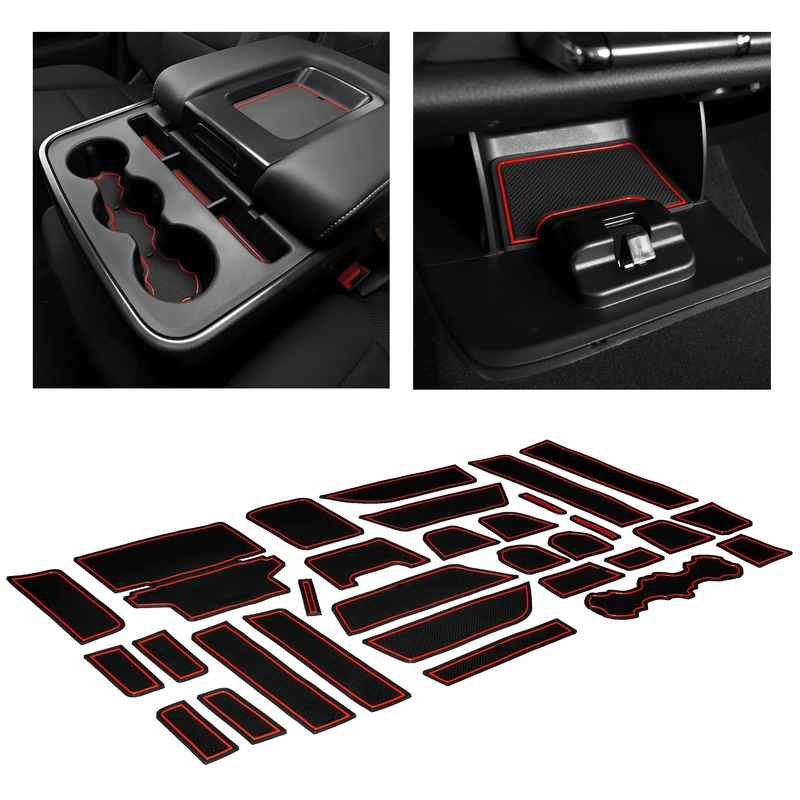 CupHolderHero fits Chevy Silverado 1500 Accessories & GMC Sierra 2014-2022 Premium Custom Interior NonSlip AntiDust Cup Holder Insert,Console Liner Mats, 33pc Set (Crew Cab with Bench Seats)(Red Trim)