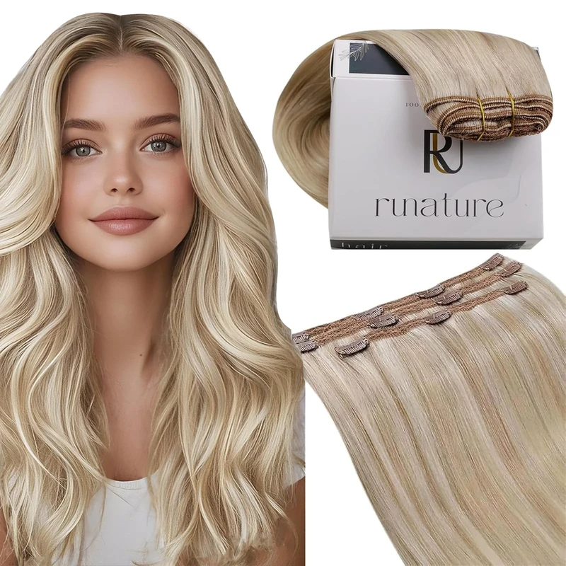 RUNATURE Blonde Hair Extensions Clip in Real Human Hair Ash Blonde Clip in Hair Extensions Real Human Hair 50 Gram 3Pcs #18p60