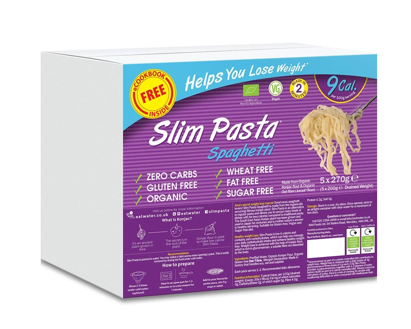 Eat Water Slim Pasta Zero Carbohydrate Enviro| Made from Organic Konjac Flour | Keto Paleo Diet and Vegan | Zero Sugar, Low Calorie Food Spaghetti 270 g (Pack of 5),