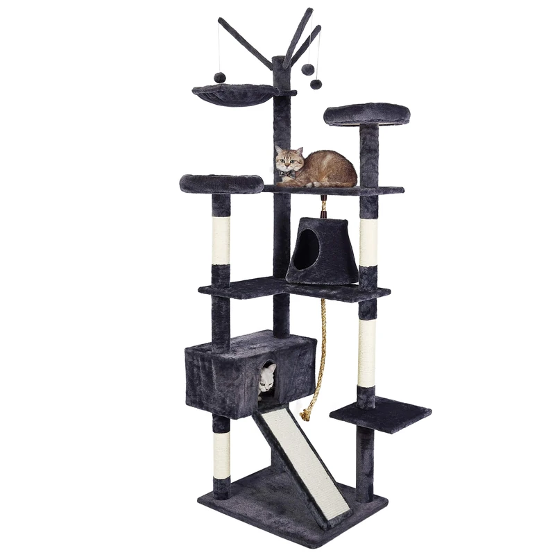 Meerveil Cat Tree - 210cm Indoor Cat Climbing Tower with 3 Pompoms, 2 Condos, Basket & Sisal Scratching Posts - Dark Grey