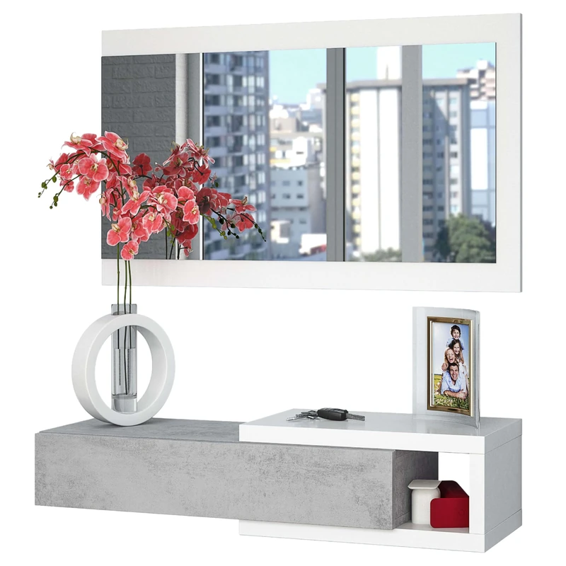 Hallway with drawer and Mirror, Entrance Furniture, Noon Model, Finished in Artik White and Cement, Measurements: 95 cm (Width) x 19 cm (Height) x 26 cm (Depth)