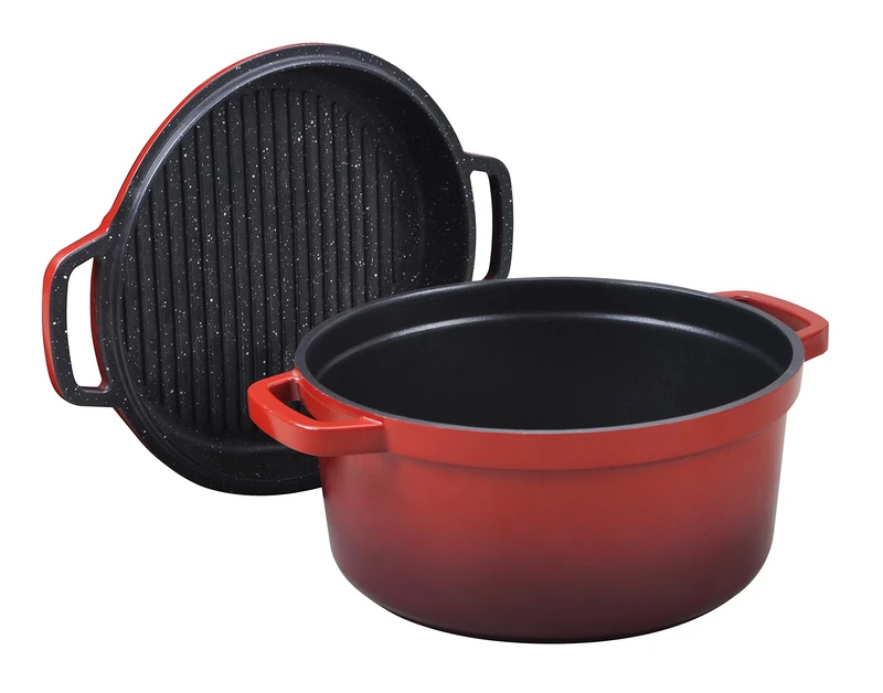 Commichef XB-624R Grunwerg Twin-Use Round Casserole & Grill Pan, Aluminium, Red