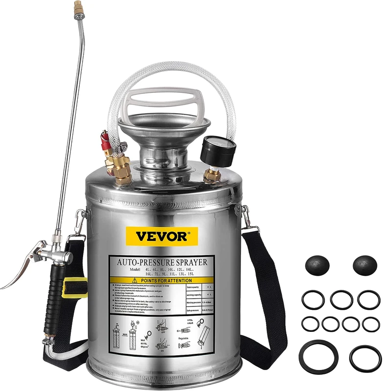 BuoQua 4L Stainless Steel Sprayer 1Gallon Steel Hand-Pump Sprayer with 3.3-inch Reinforced Hose Pressure Garden Sprayer for Home Gardening and Ground Cleaning(4L)