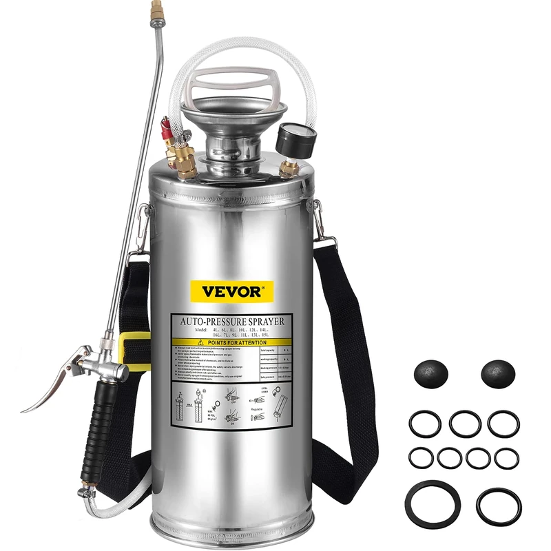 BuoQua 10L Stainless Steel Sprayer 3Gallon Steel Hand-Pump Sprayer with 3.3-inch Reinforced Hose Pressure Garden Sprayer for Home Gardening and Ground Cleaning(10L) Silver,PWQBXG10L00000001
