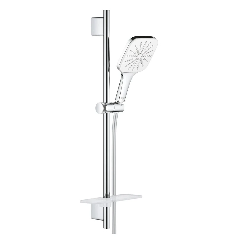 GROHE Rainshower 130 Smartactive Cube Shower Rail Set Water-Saving 3-Spray 130mm Hand Shower with 600mm Rail, 1750mm Silverflex Hose Chrome Finish and White Spray Plate Made in Germany 26584LS0
