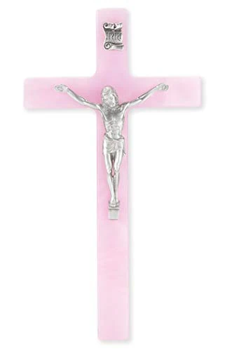 Catholic Gifts Pink Pearlized Silver Pewter Corpus Religious 7 Inch Wall Cross Crucifix