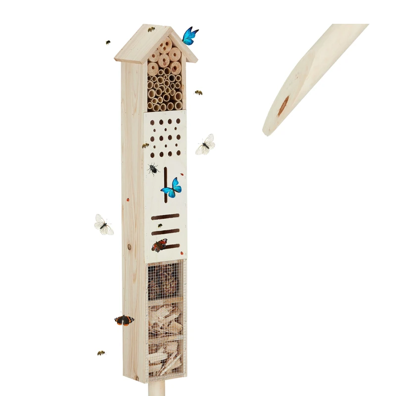 Relaxdays insect hotel with ground spike, nesting aid garden, large, standing, bee hotel wild bees, wood, 148 cm high, natural, 148 x 16 x 11 cm