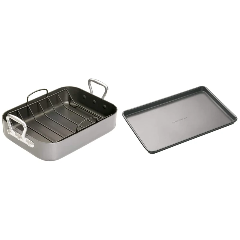 MasterClass KCMCHROAST36 Deep Roasting Tin with Rack and Teflon Xtra Non Stick Coating, Grey, 40 x 28 x 8 cm & Large Baking Tray with PFOA Free Non Stick, Robust 1 mm Carbon Steel, 39 x 27 cm