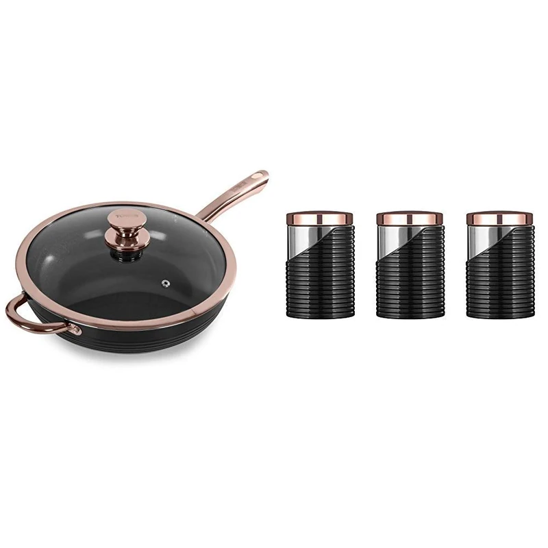 Tower Linear Saute Pan with Easy Clean Non-Stick, Aluminium, Black and Rose Gold, 28 cm & Linear Set of 3 Storage Canisters, Stainless Steel, Black and Rose Gold