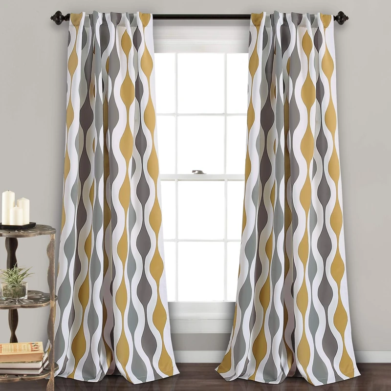 Lush Decor Mid Century Geo Room Darkening Window Curtain Panel Pair, Polyester, Gold and Gray, 52" W x 108" L (Pack of 1)